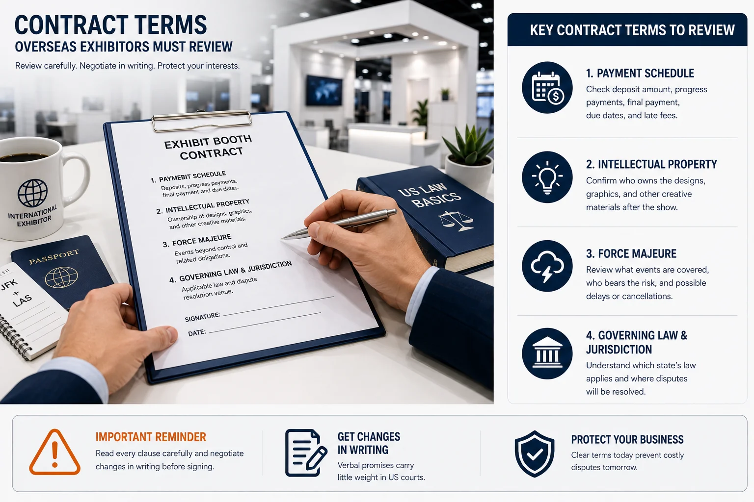 Overseas exhibitor reviewing contract terms with US booth builder
